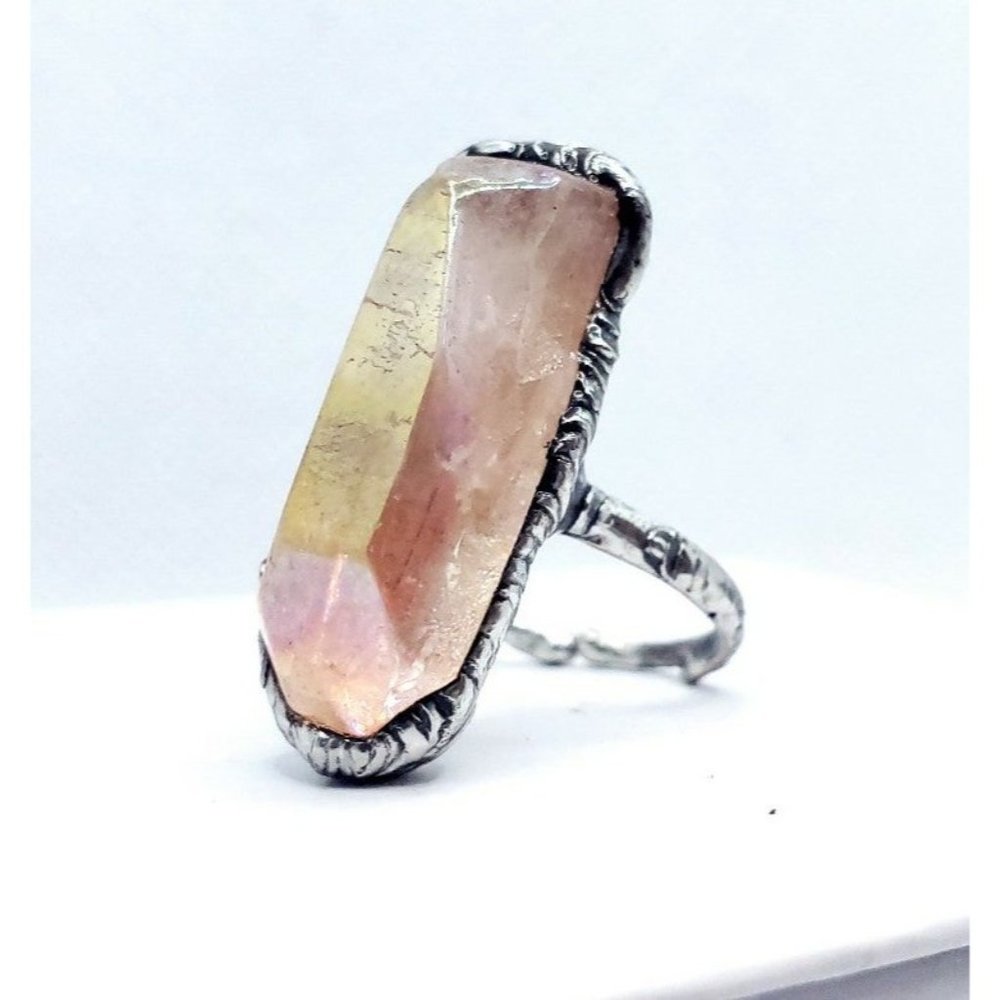 Trade w Christine 🐉 Hand Crafted Pink Aura Quartz Crystal Stainless steel ring - Picture 6 of 12